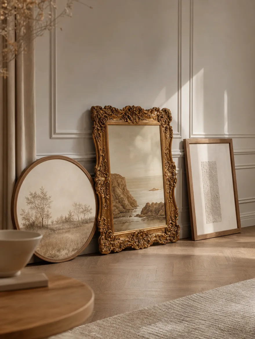 Ronde print-in-lijst en goud of barok lijst als voorbeeld van wat niet past