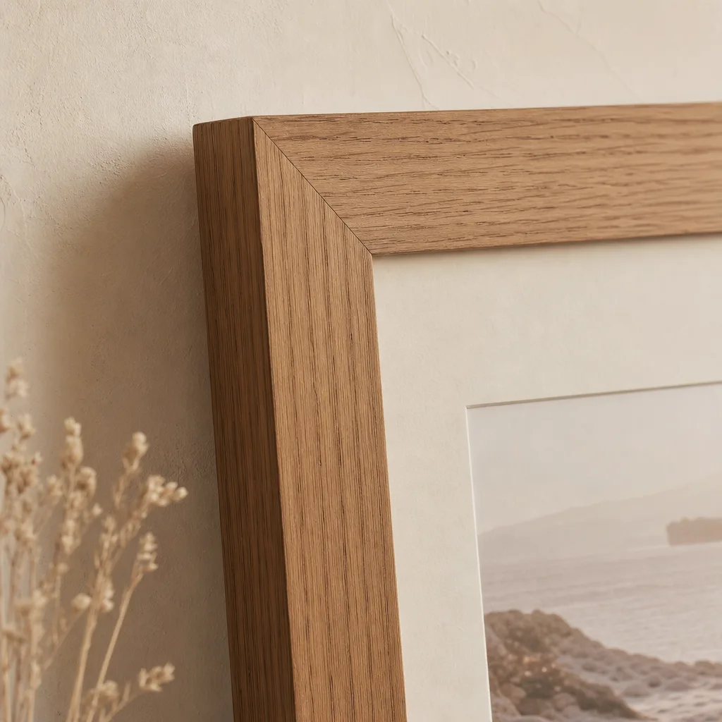 Detail van een hoek van een houten fotolijst met passe-partout