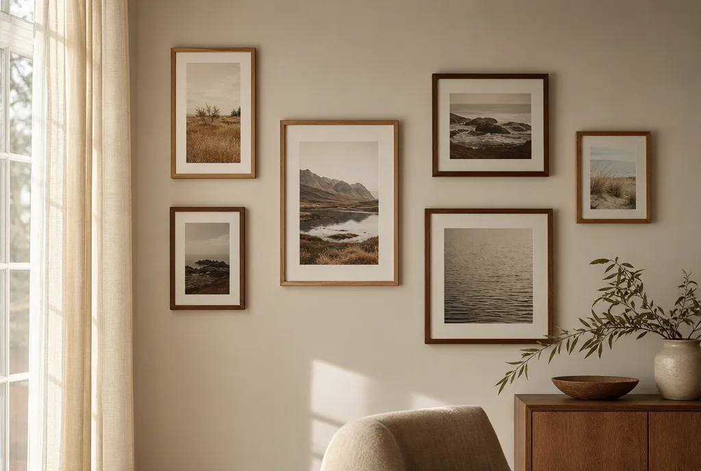 Fotolijsten gegroepeerd met lucht ertussen op een wand