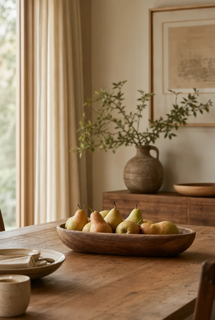 Smalle compositie van een houten fruitschaal op een eettafel