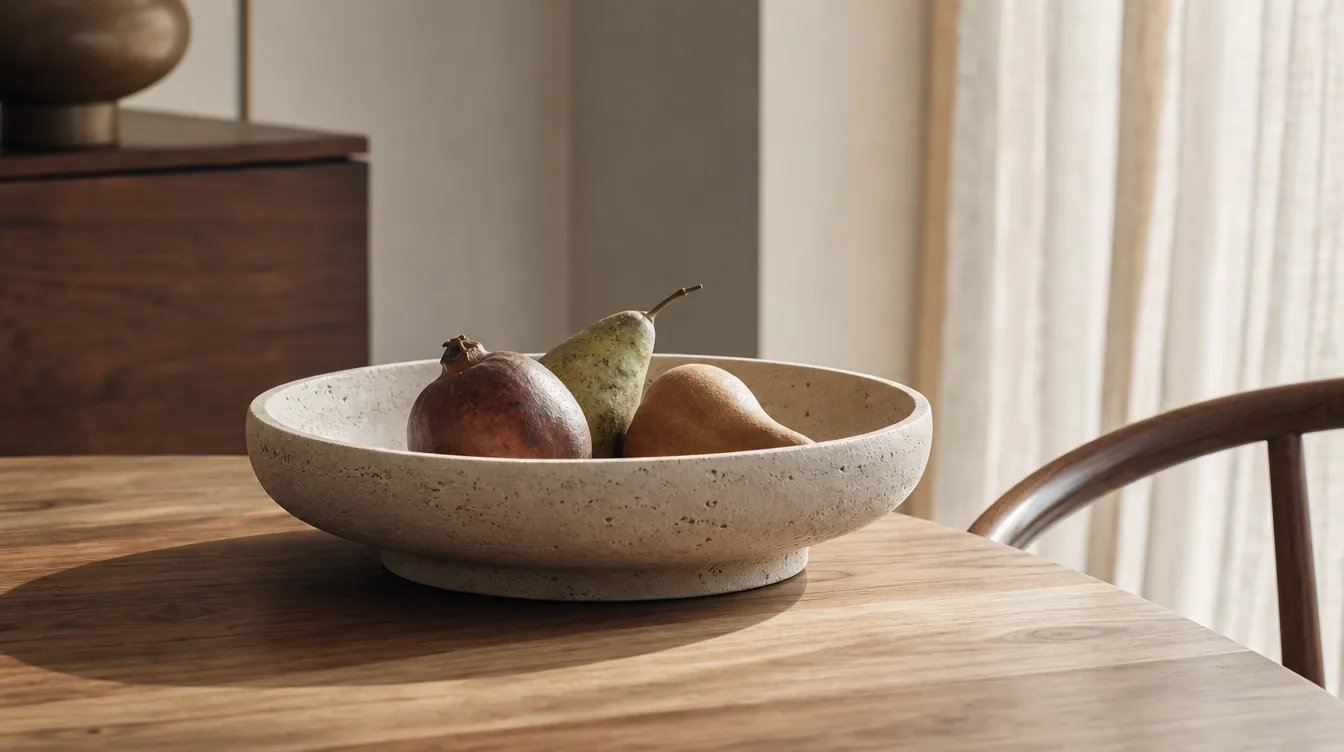 Travertijnen Japandi fruitschaal met een paar stuks fruit op een houten tafel