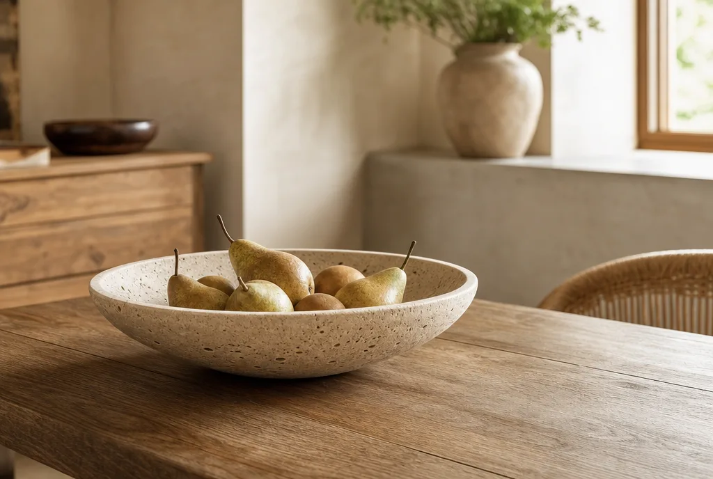 Lage brede fruitschaal die fruit luchtig laat liggen