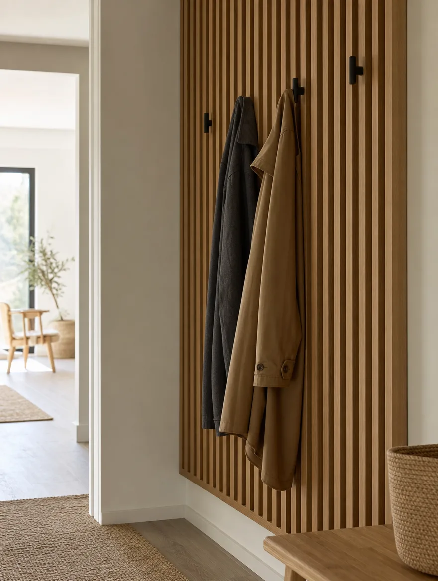 Houten lattenwand met enkele haken voor jassen in een rustige hal