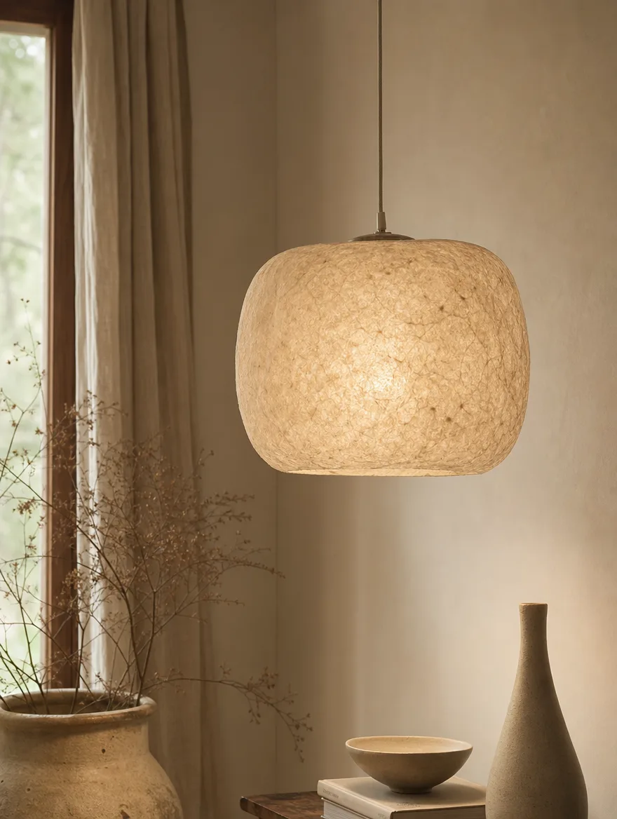 Hanglamp van handgeschept papier met een zacht diffuus licht