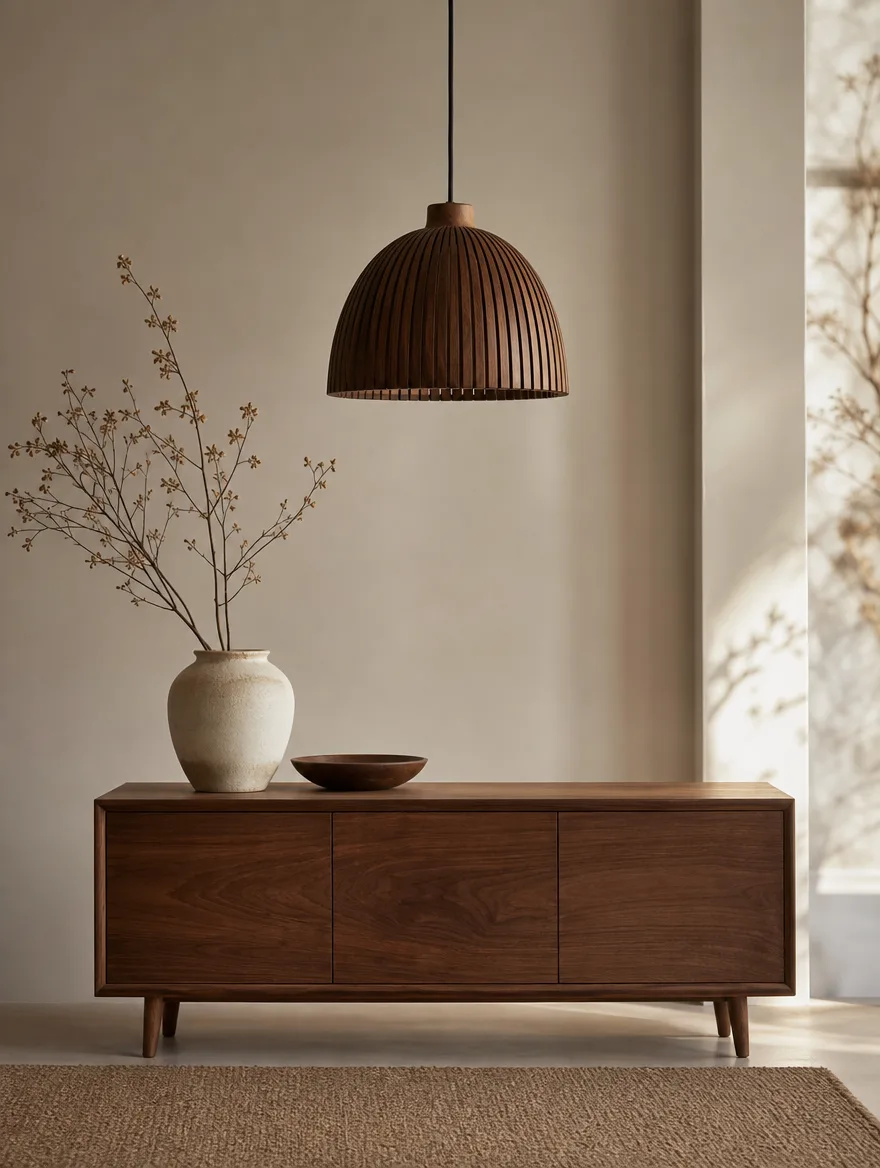 Walnoten hanglamp boven een sober dressoir