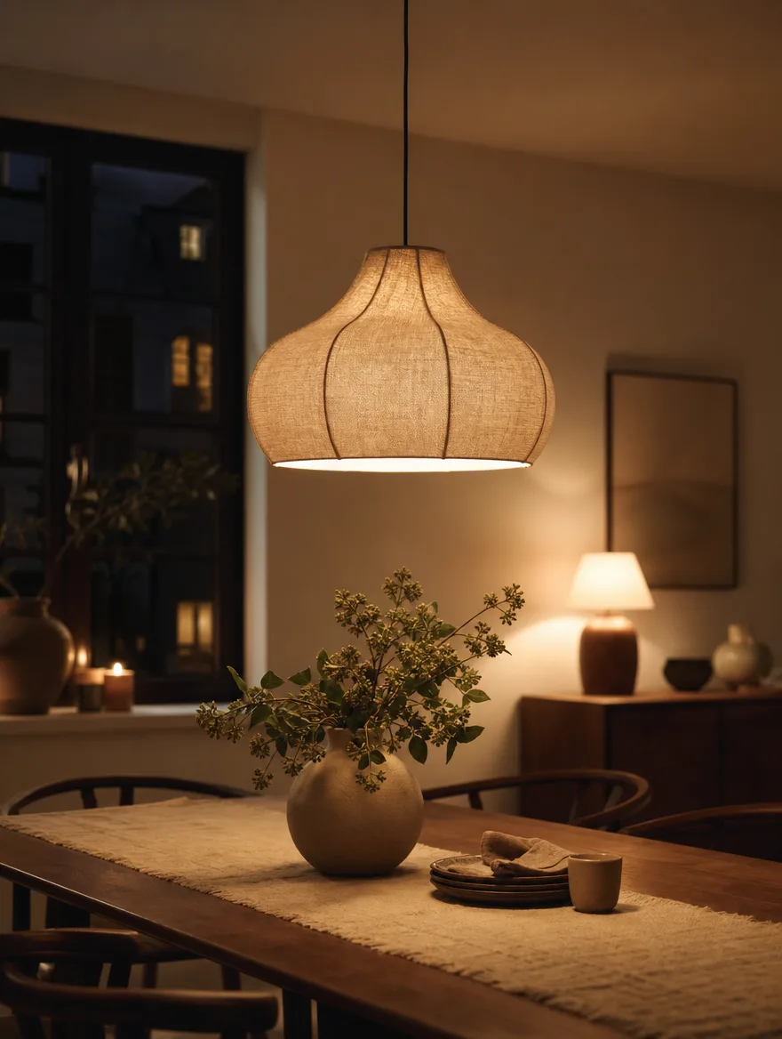 Linnen hanglamp met warm licht boven een eettafel in de avond