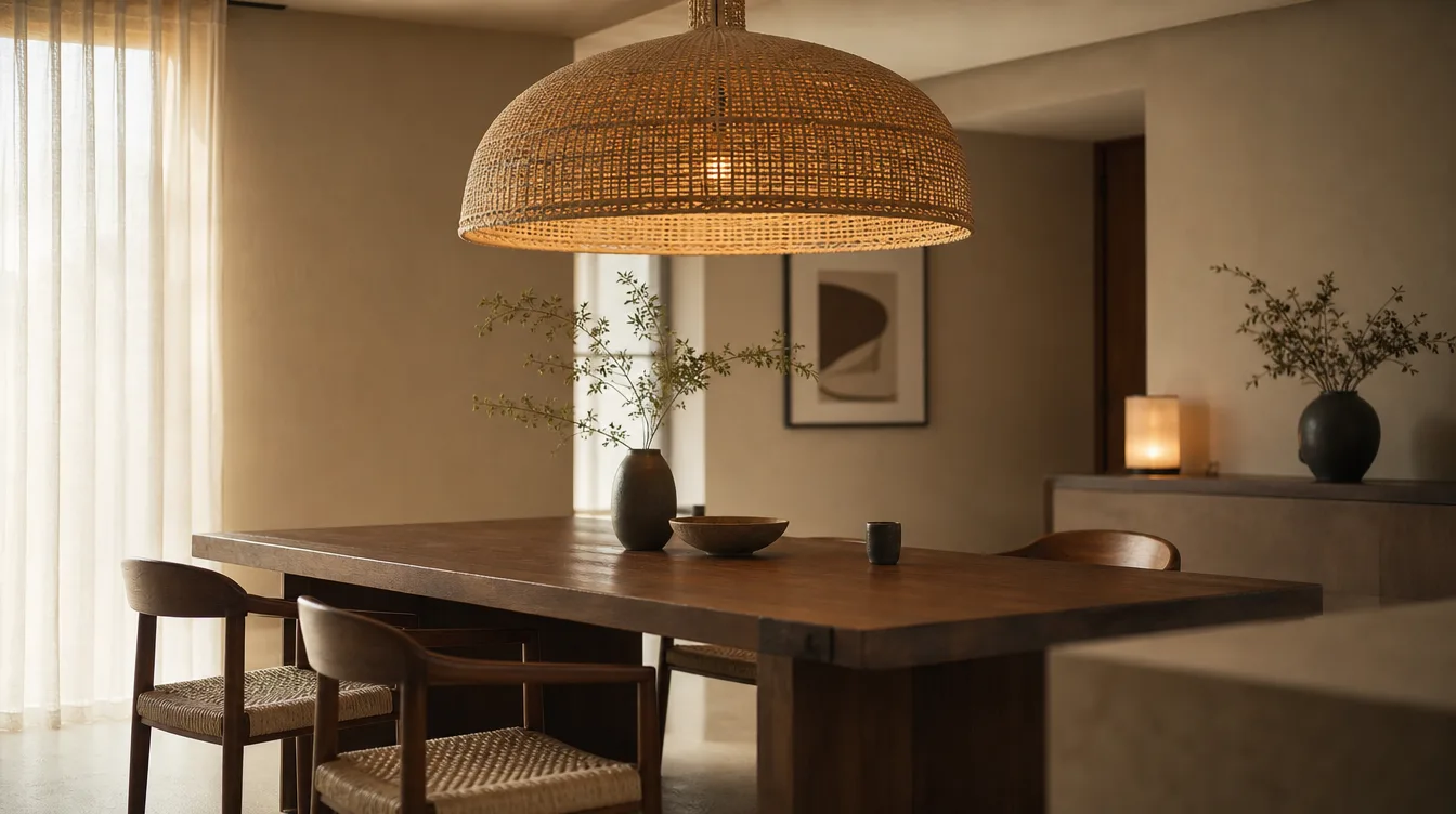 Japandi eetkamer met een gevlochten hanglamp boven een houten eettafel