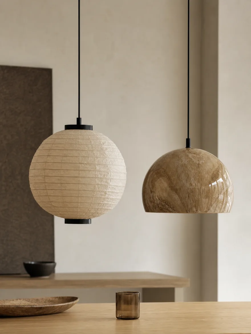 Natuurlijke papieren hanglamp tegenover een glanzende kunststof lamp