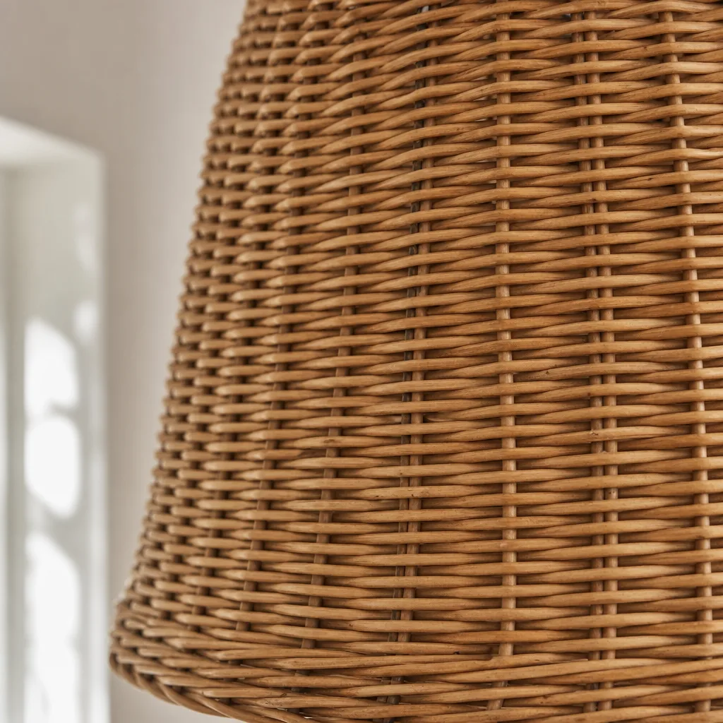 Detail van het gevlochten rotan oppervlak van een hanglamp
