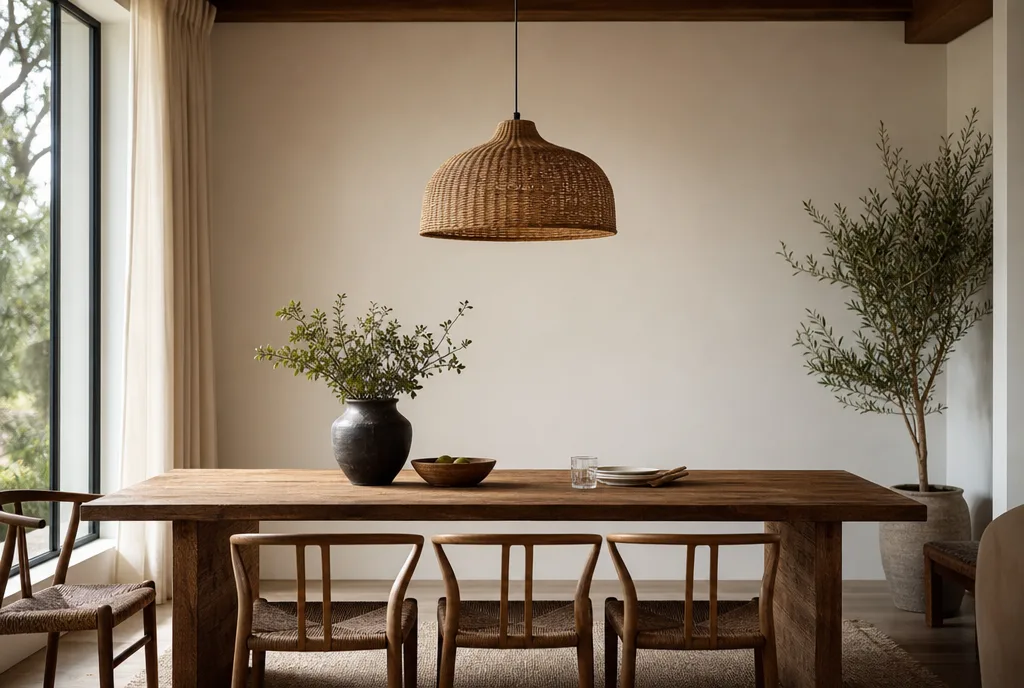 Gevlochten hanglamp op de juiste hoogte boven een eettafel