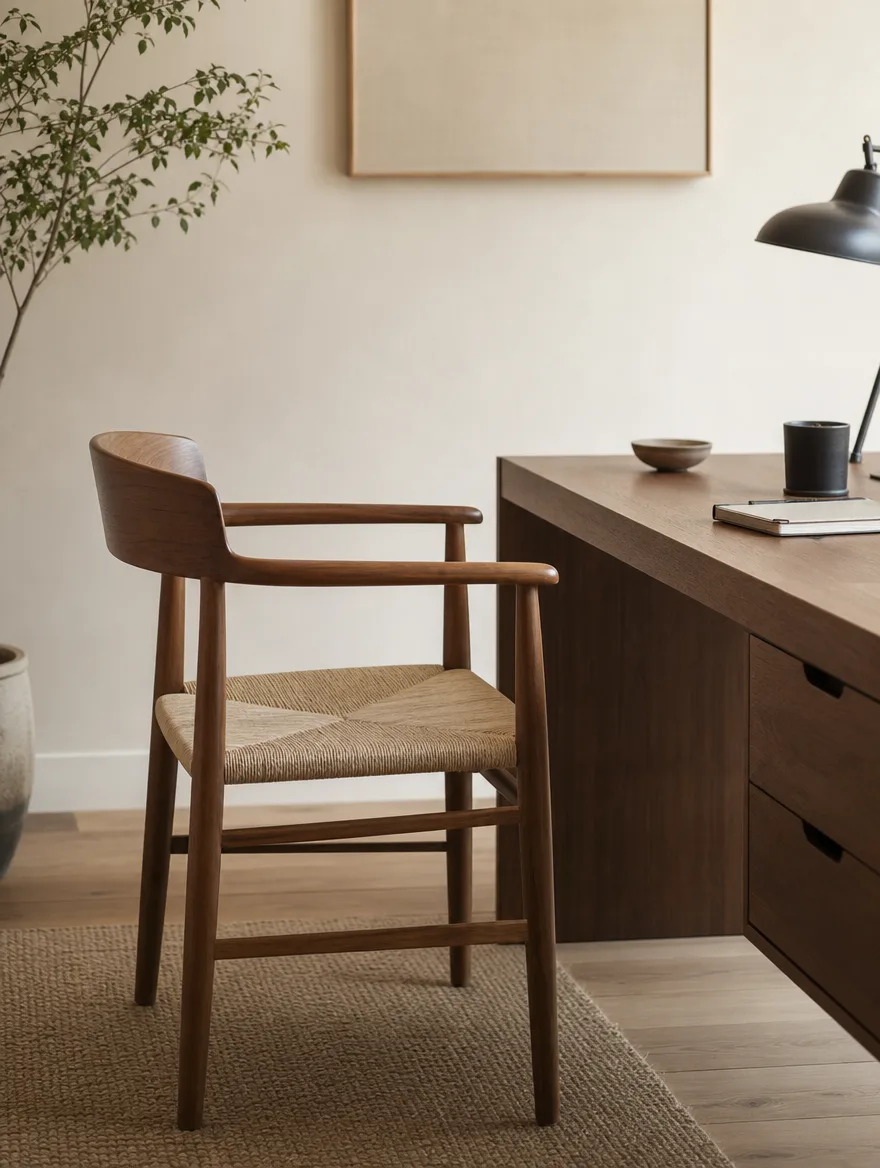 Houten bureaustoel met gevlochten zitting bij een rustig bureau