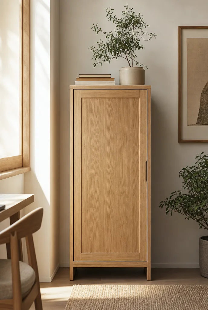 Gesloten eiken kast met enkele boeken en een plant die het bureau leeg houdt