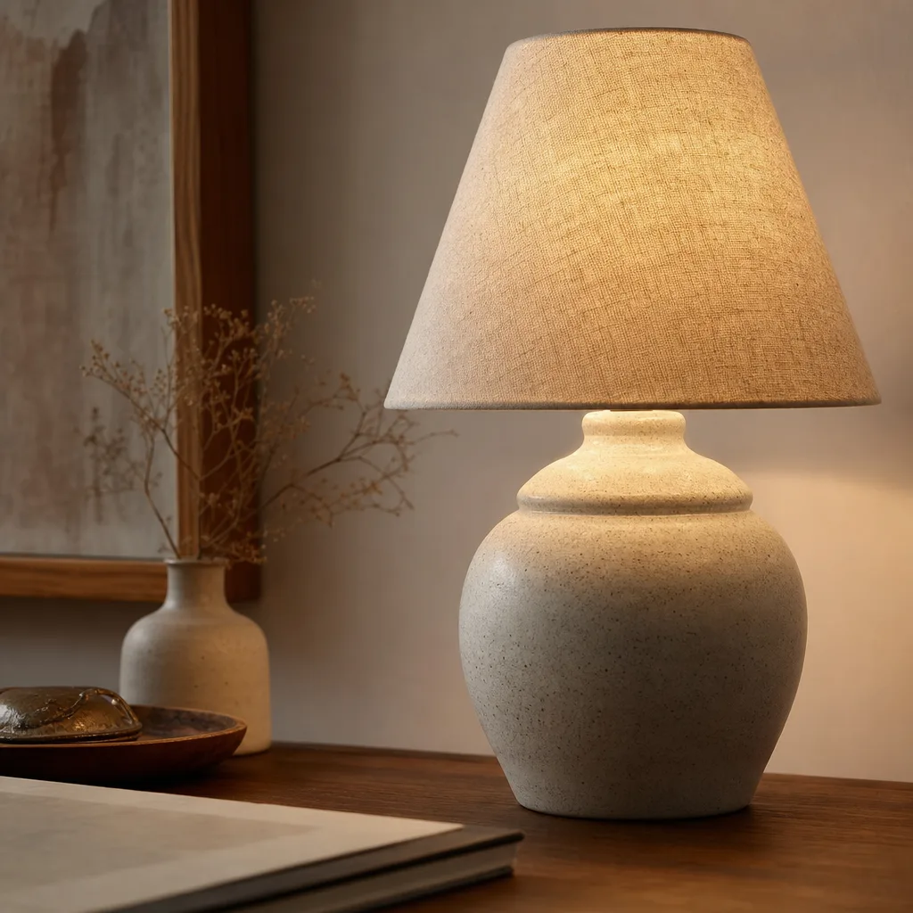 Detail van een keramische tafellamp met linnen kap op een houten bureau