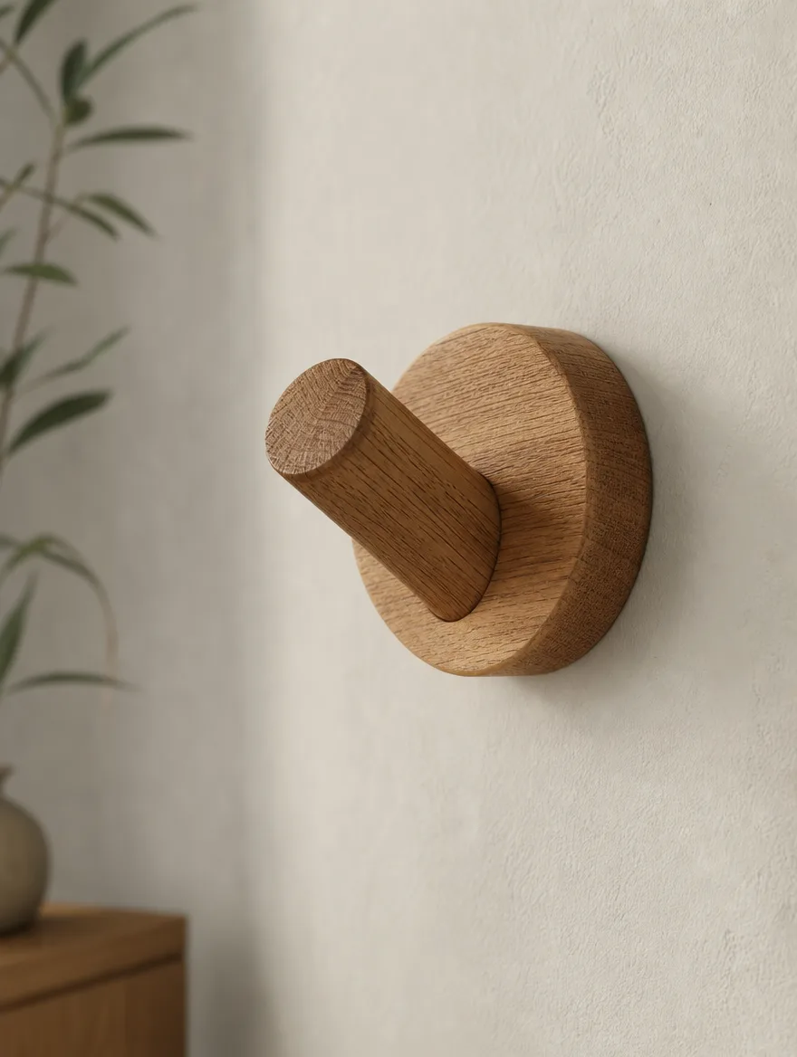 Detail van een massief houten kapstokhaak met zichtbare nerf en matte afwerking