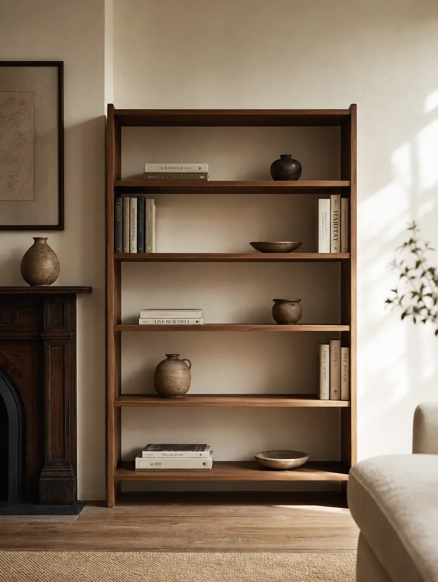 Open houten boekenkast met een paar boeken en keramiek tegen een lichte muur