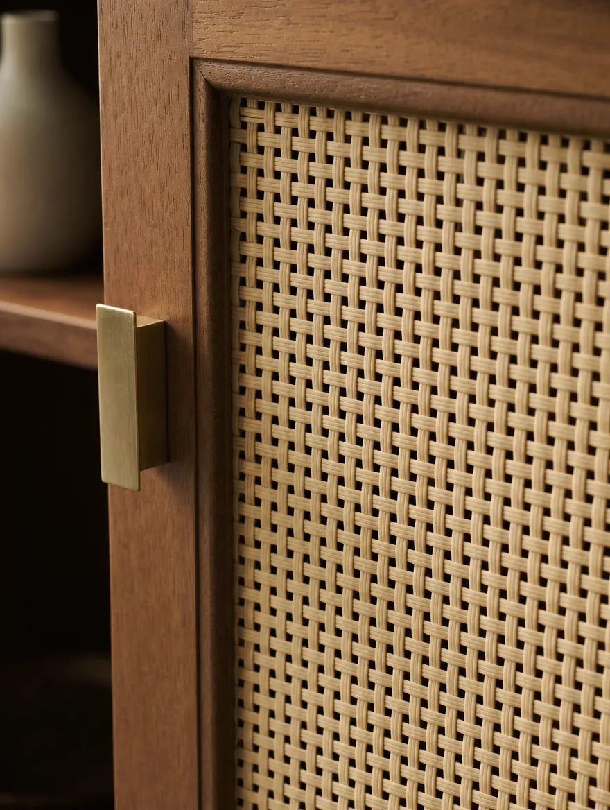 Detail van een kastdeur met rotan vlechtwerk in warm hout