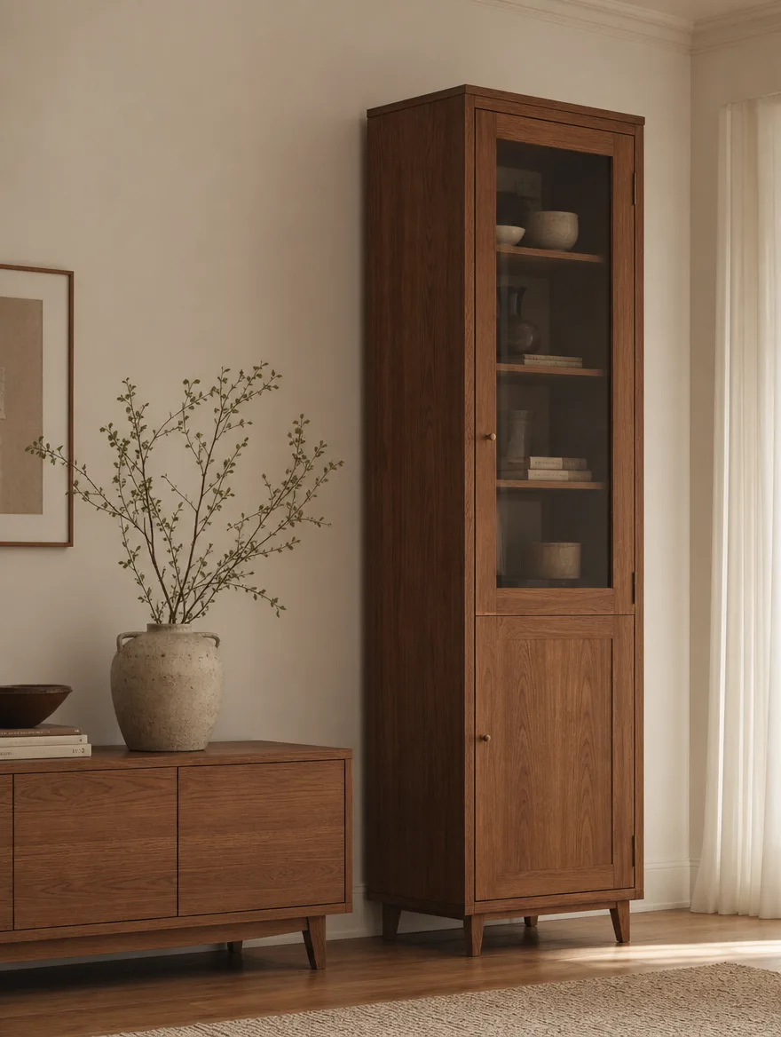 Hoge houten kast naast een lager dressoir in dezelfde warme houttint