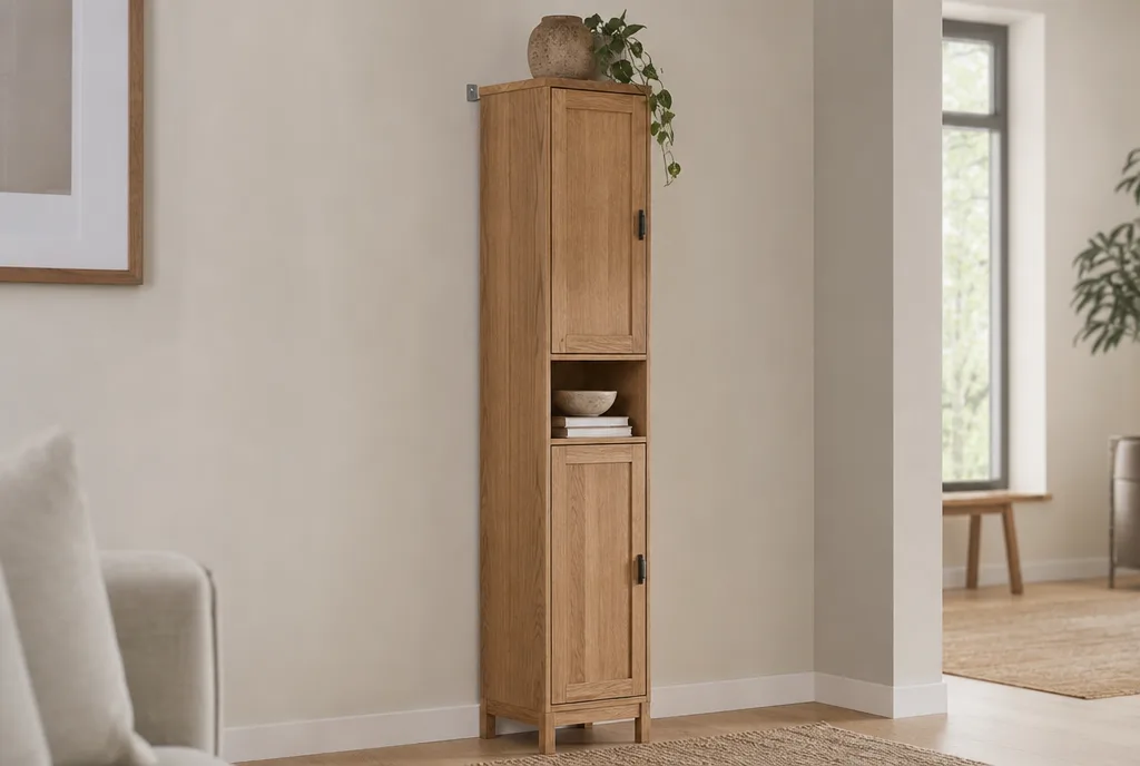 Hoge smalle kast tegen een muur met een verankeringsbeugel aan de bovenkant