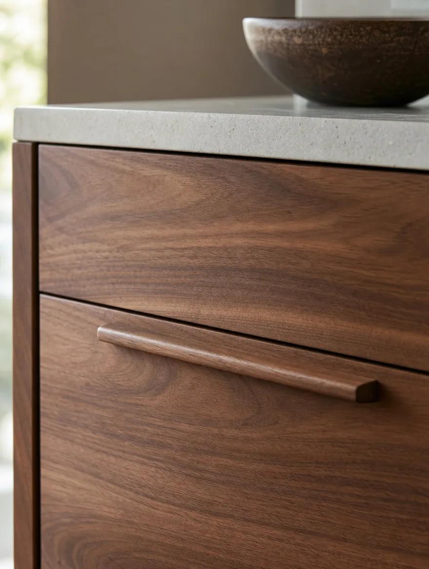Detail van walnoot keukenfronten met een ingetogen houten greep