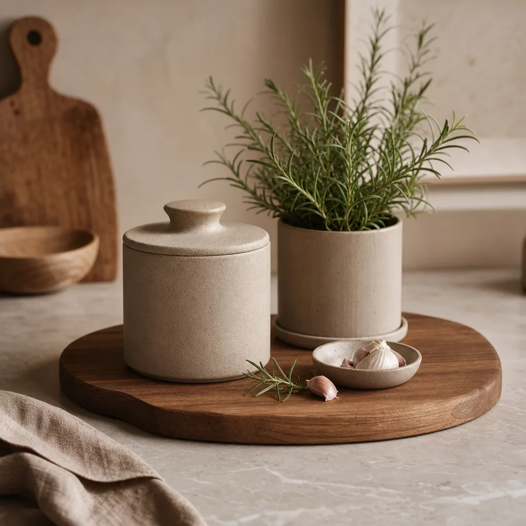 Stilleven met een walnoot serveerplank, keramische pot en kruidenplantje op een keukenblad