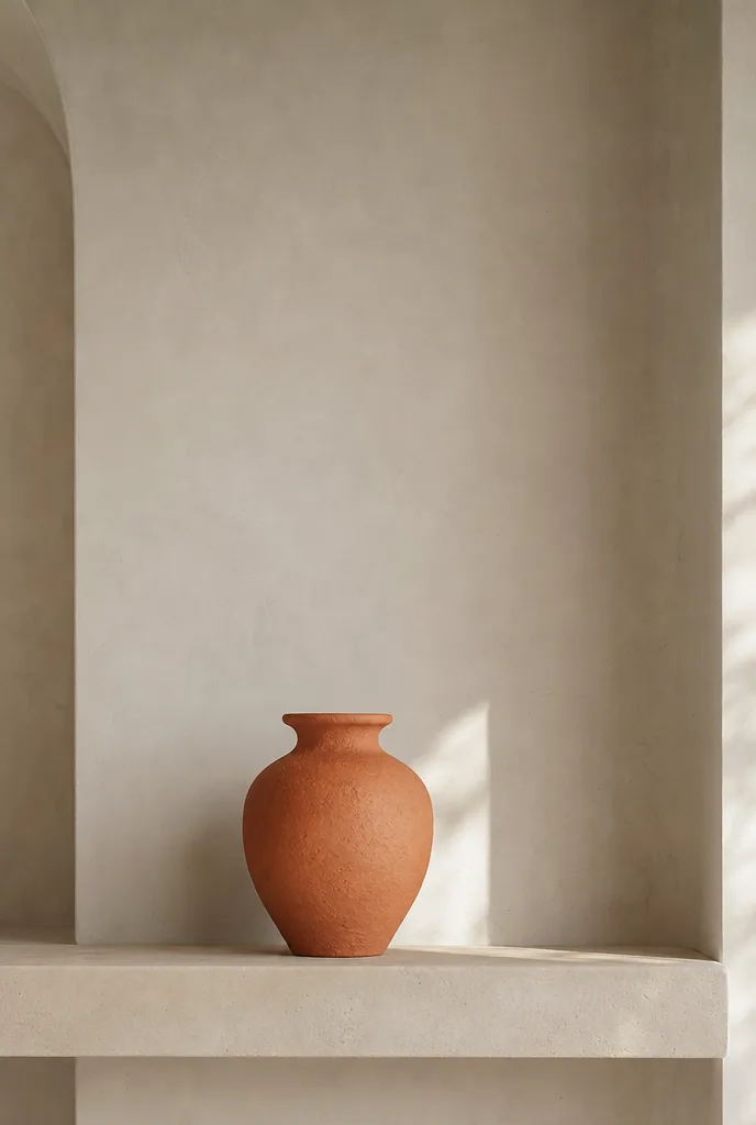 Een terracotta vaas als enig kleuraccent op een neutrale plank