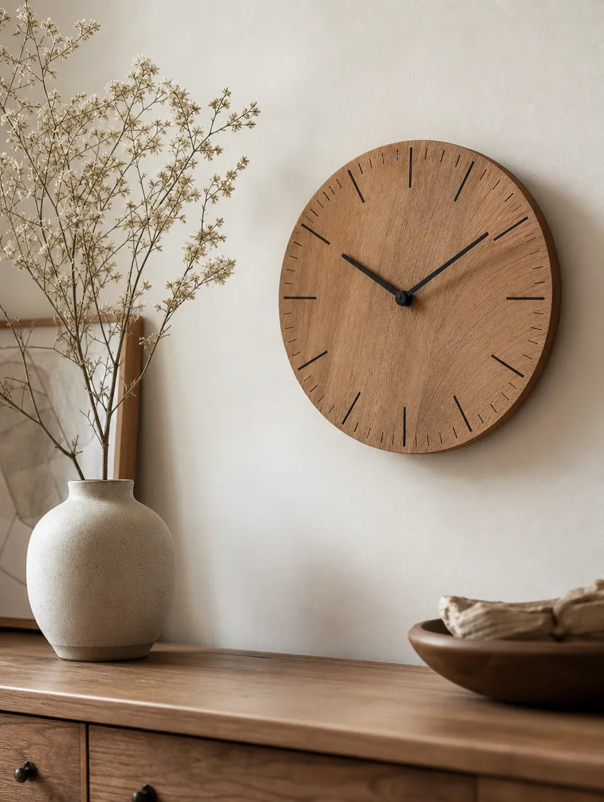 Ronde houten wandklok naast een vaas op een dressoir