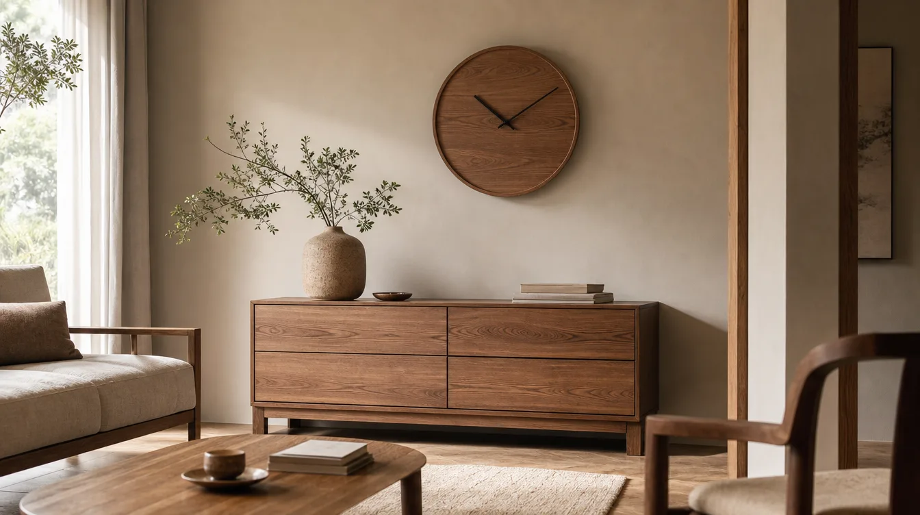 Japandi woonkamer met een ronde houten wandklok boven een dressoir