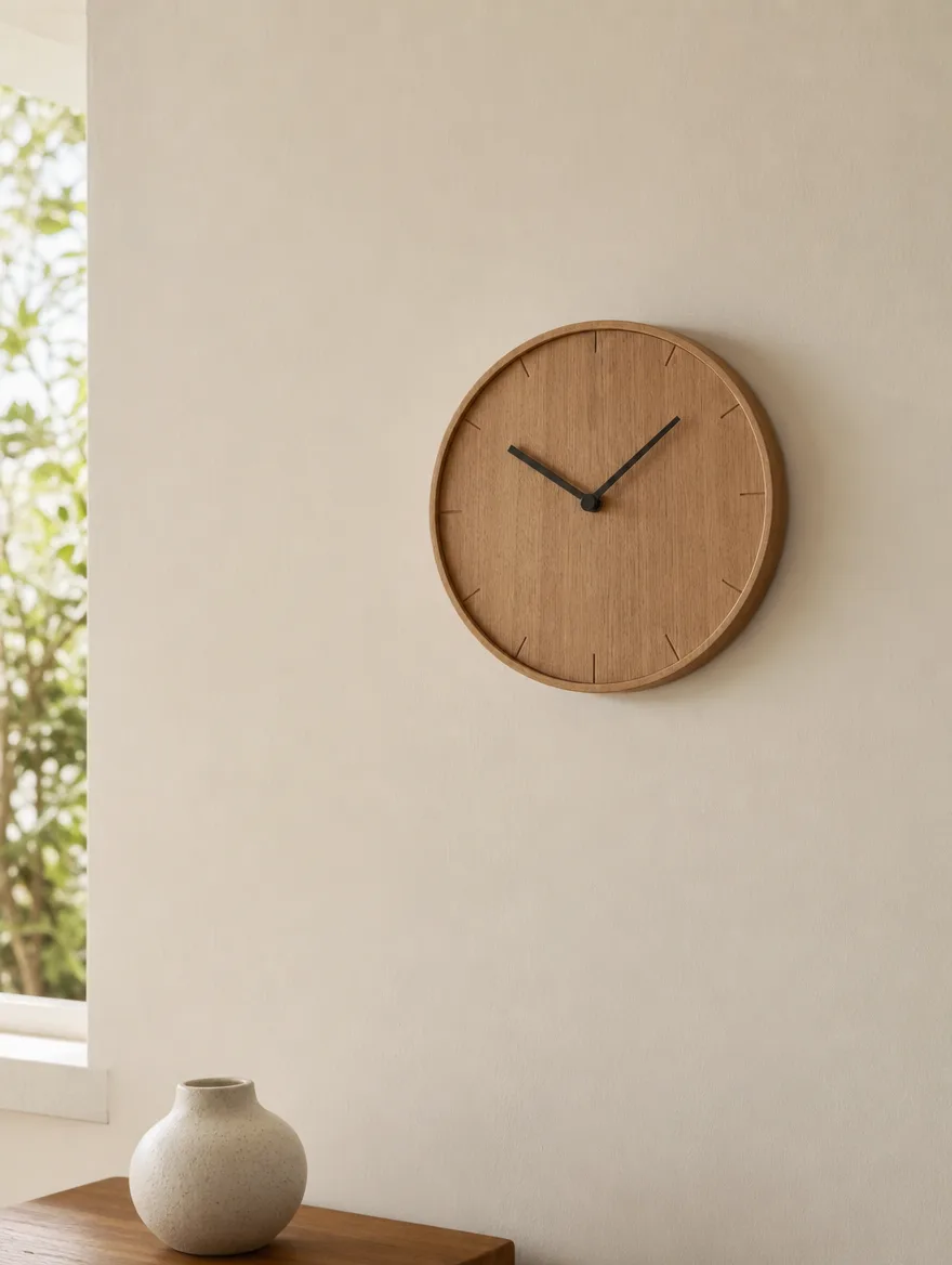 Sobere houten wandklok op een rustige muur
