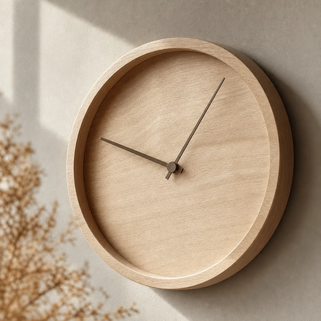 Detail van een cijferloze houten wijzerplaat