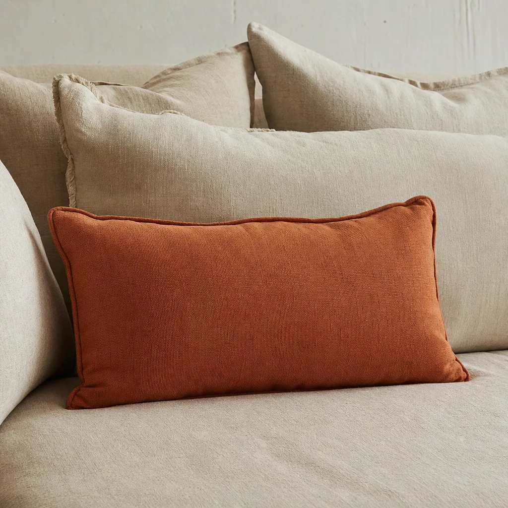 Detail van een terracotta lendenkussen als enig accent tussen neutrale kussens