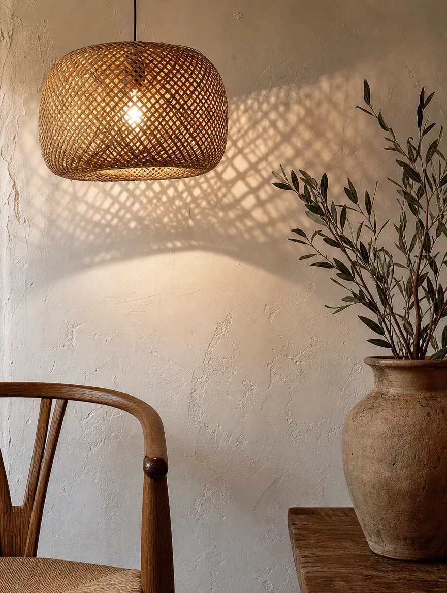 Gevlochten rotan lamp die schaduwen op de muur tekent