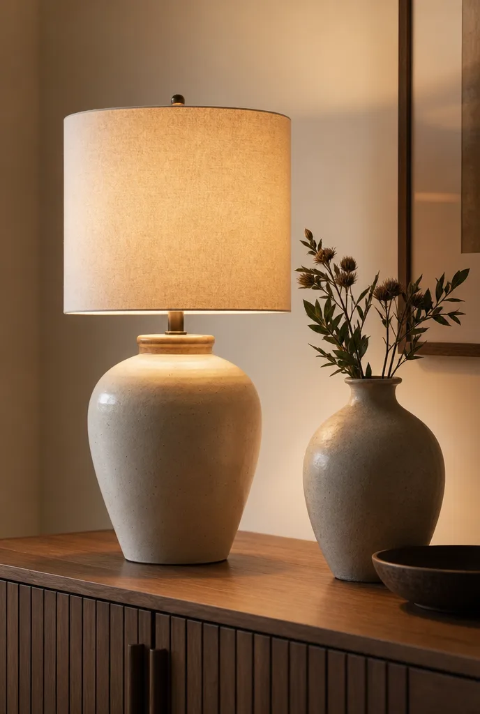 Keramieken tafellamp met warm licht op een houten dressoir