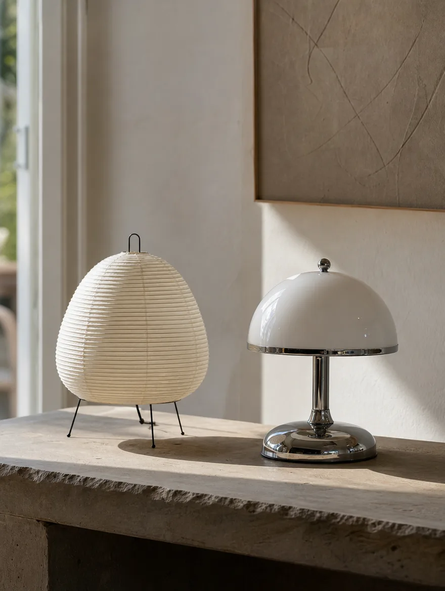 Natuurlijke papieren lamp tegenover een glanzende kunststof lamp
