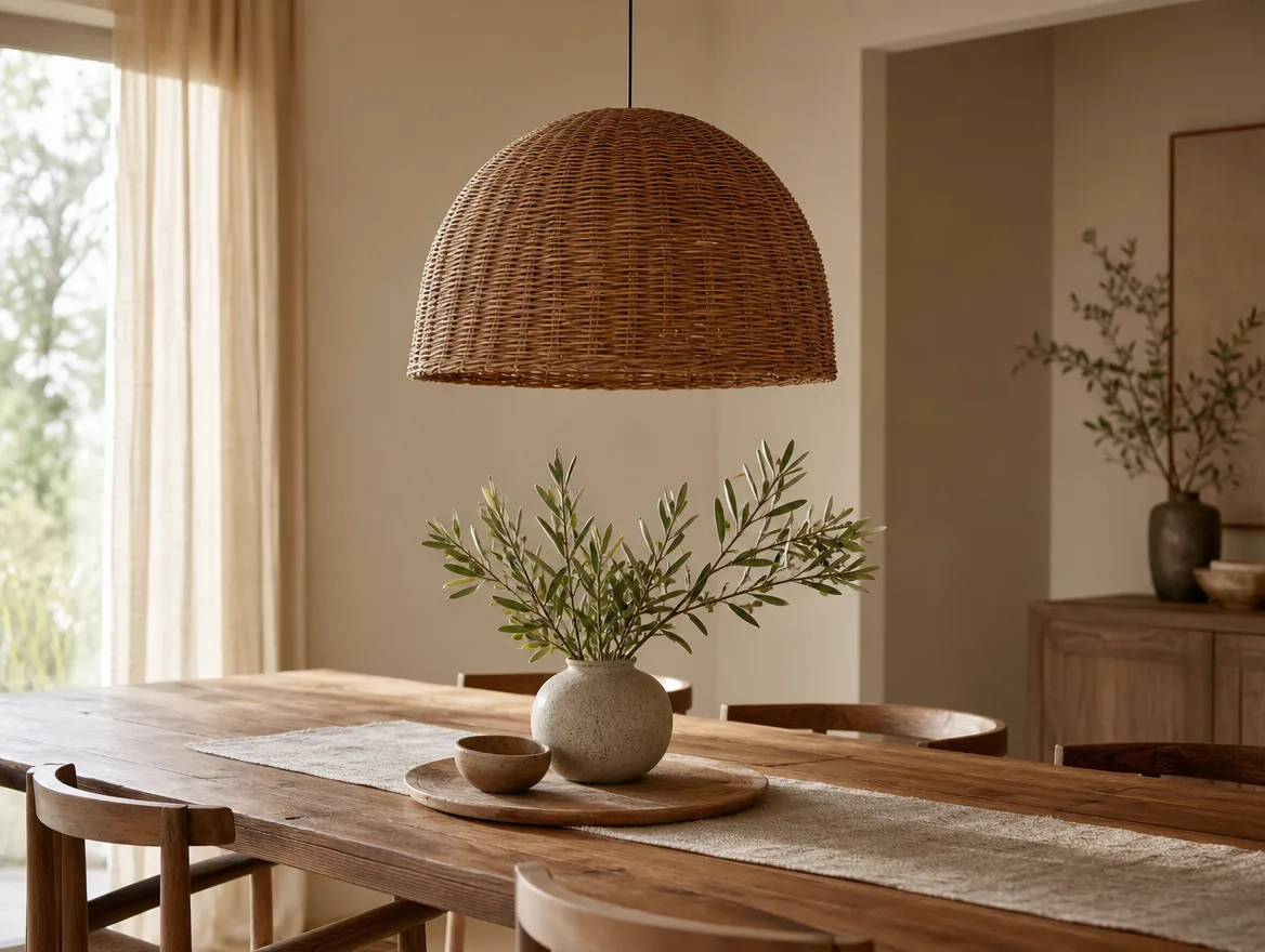 Gevlochten hanglamp boven een houten eettafel