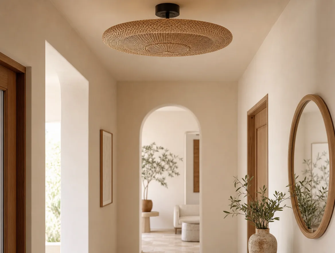 Platte rotan plafondlamp in een lichte hal