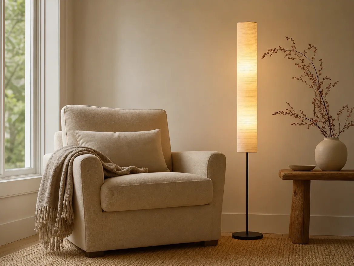 Slanke vloerlamp met papierkap naast een fauteuil