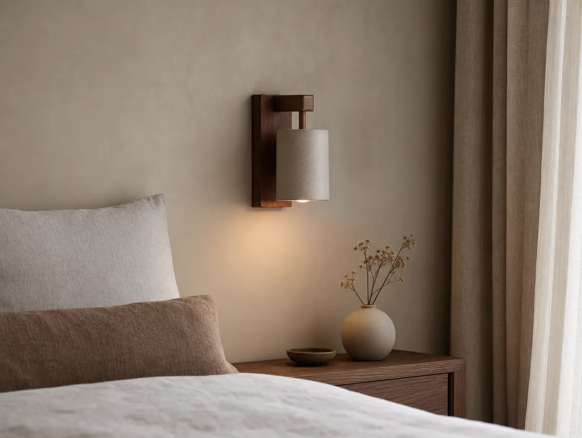Wandlamp van walnoot en keramiek naast een bed