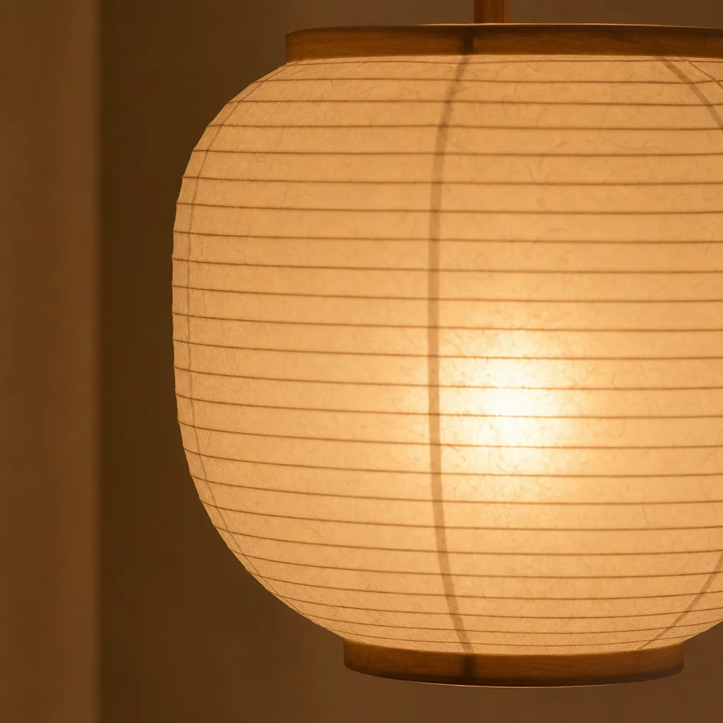 Detail van een warme ledlamp achter een papieren kap