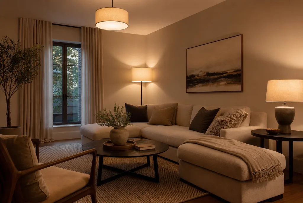 Woonkamer met drie lagen licht: plafondlamp, vloerlamp in de hoek en tafellamp