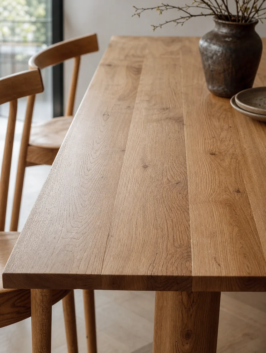 Detail van een massief eiken eettafel met zichtbare houtnerf en matte afwerking