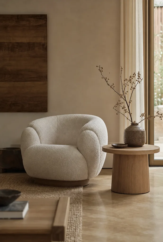Lage Japandi zithoek met bouclé fauteuil en rond eiken bijzettafeltje