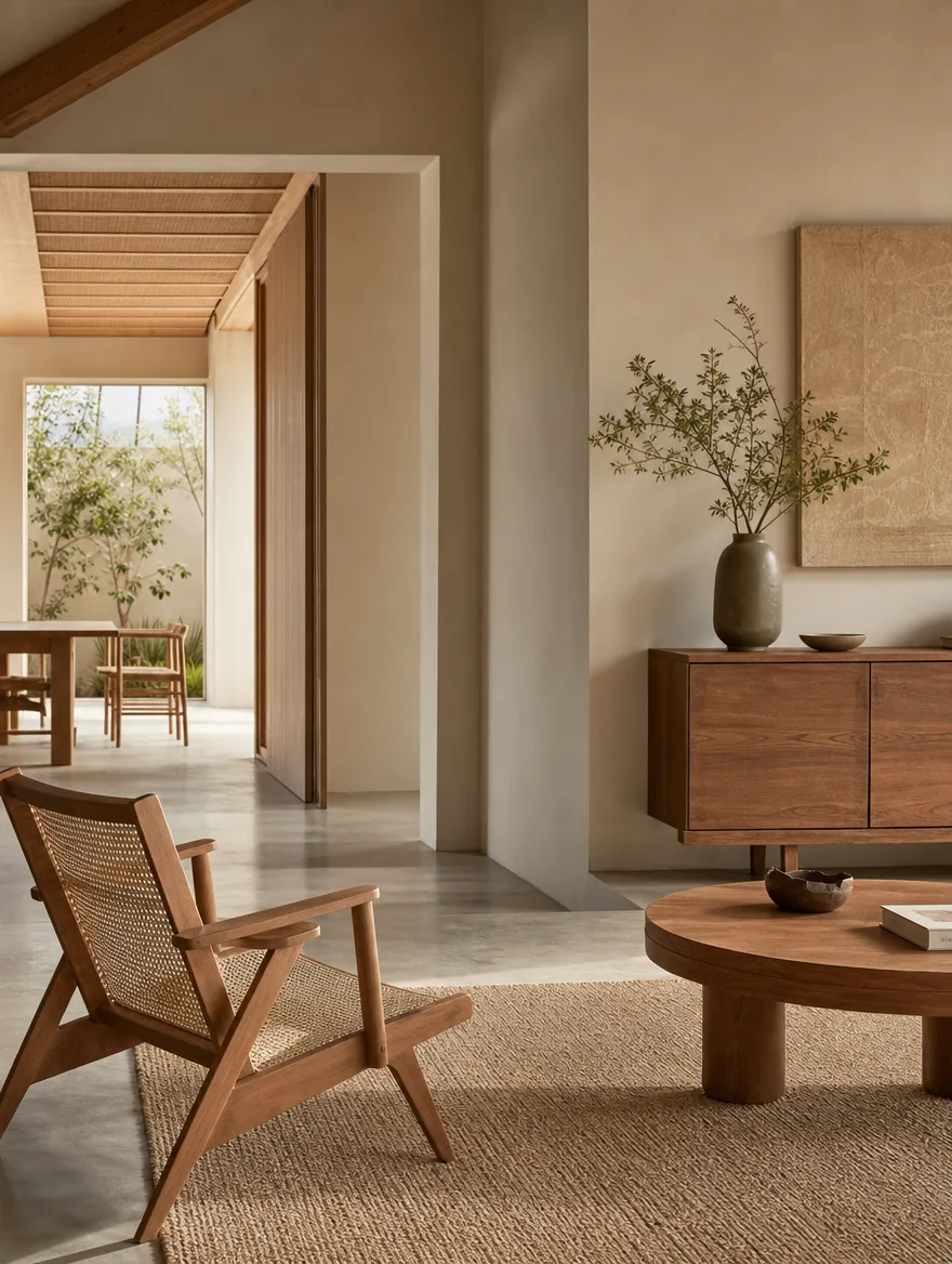 Rustig Japandi interieur met enkele massief houten meubels en veel lege ruimte