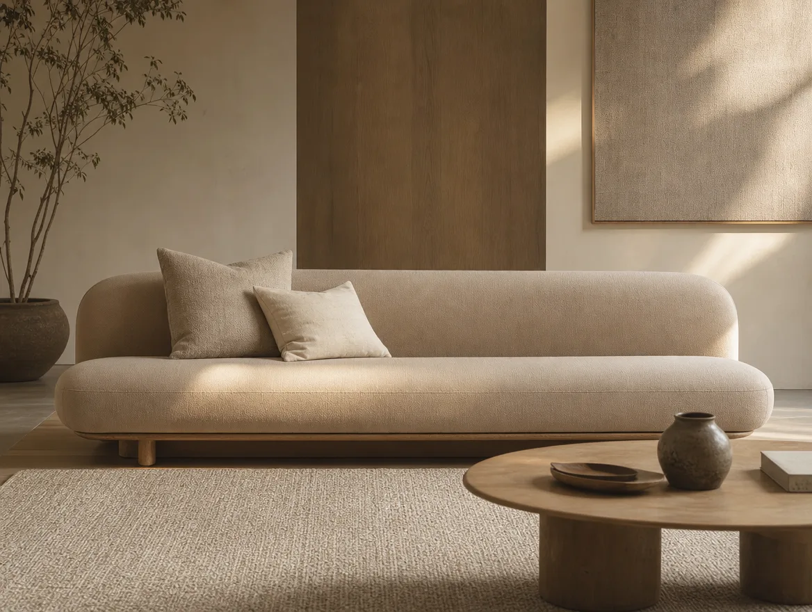 Lage Japandi bank in matte beige stof met houten poten