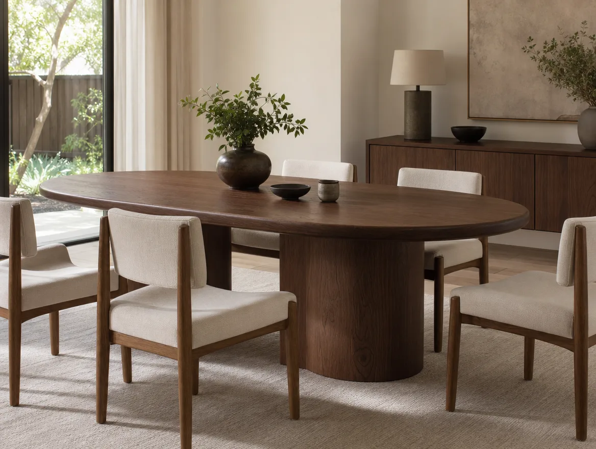 Ovale Japandi eettafel in walnoot met lichte stoelen