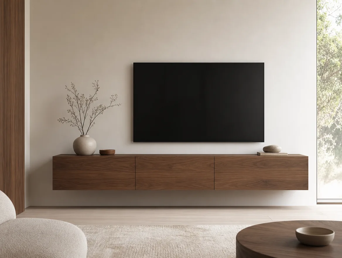 Zwevend walnoot tv-meubel met strak gesloten front tegen een lichte muur