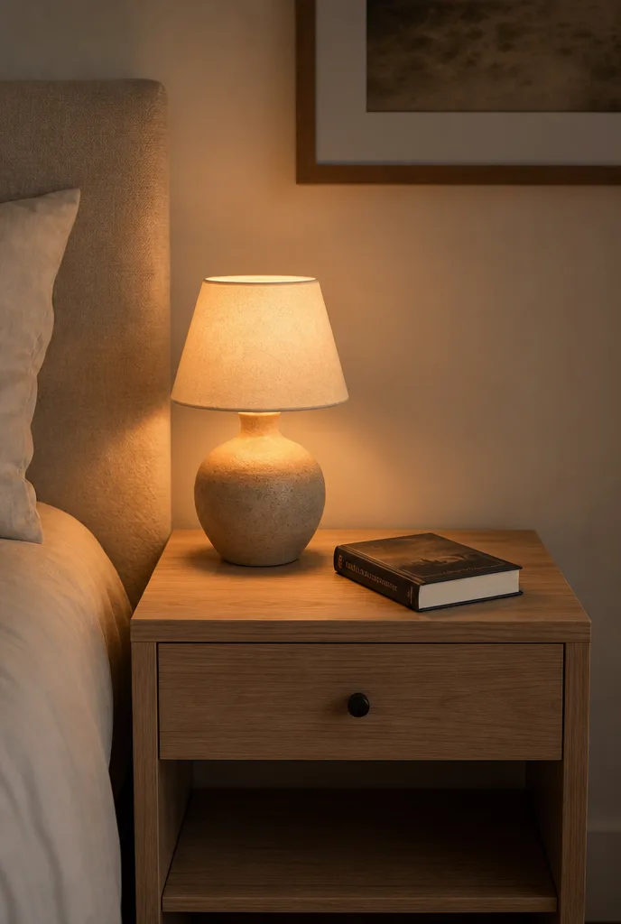 Klein lampje met warm licht en een boek op een leeg houten nachtkastblad