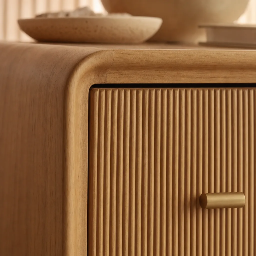 Detail van de ronde rand en ribbelstructuur van een houten nachtkastje