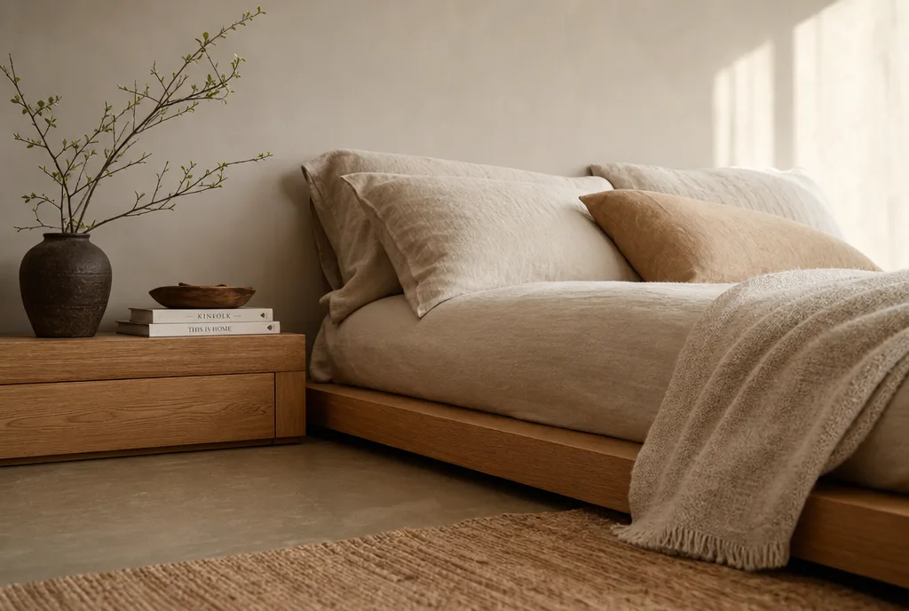 Laag nachtkastje op gelijke hoogte met de bovenkant van een laag matras
