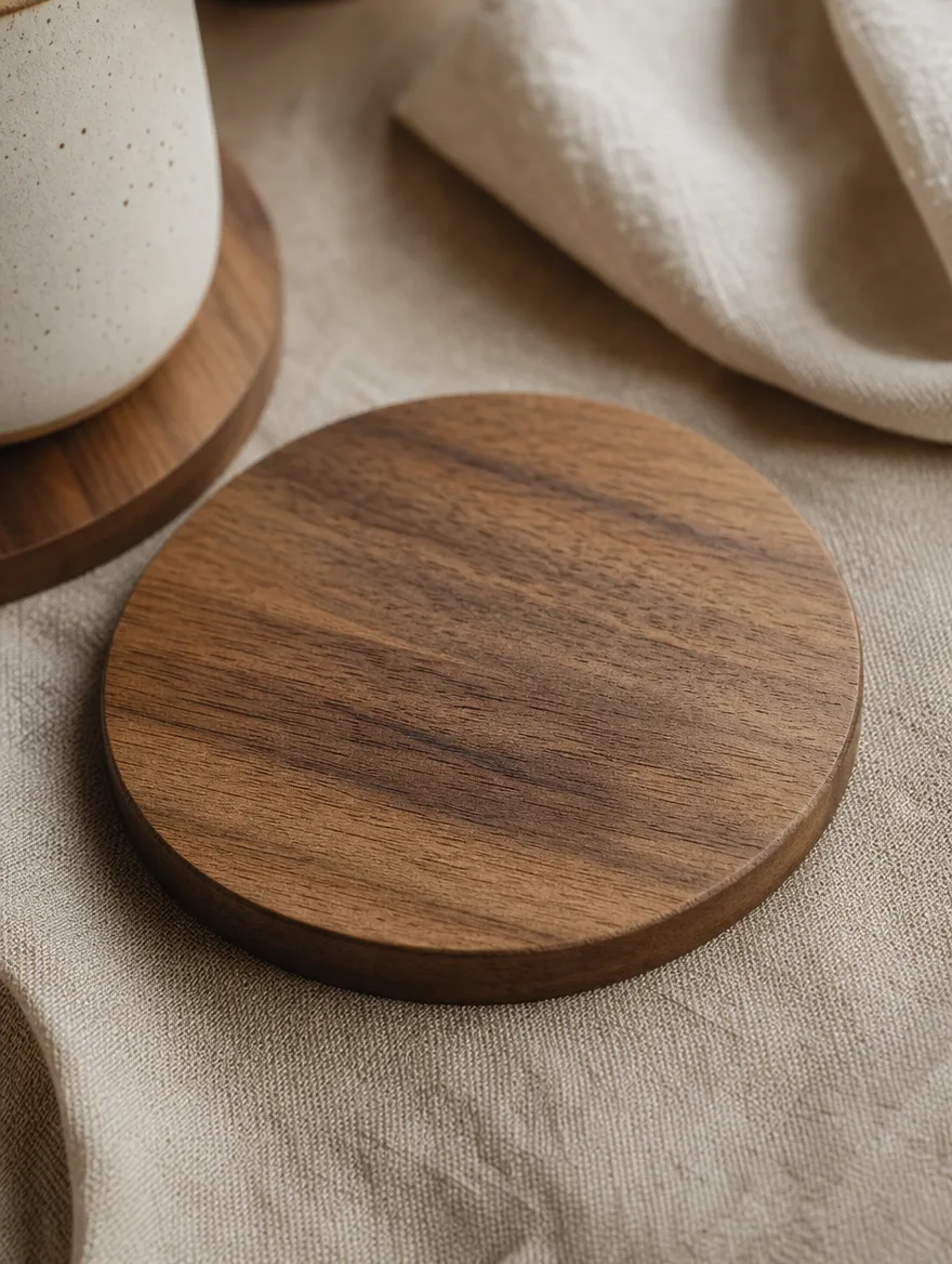 Detail van een houten onderzetter met zichtbare nerf