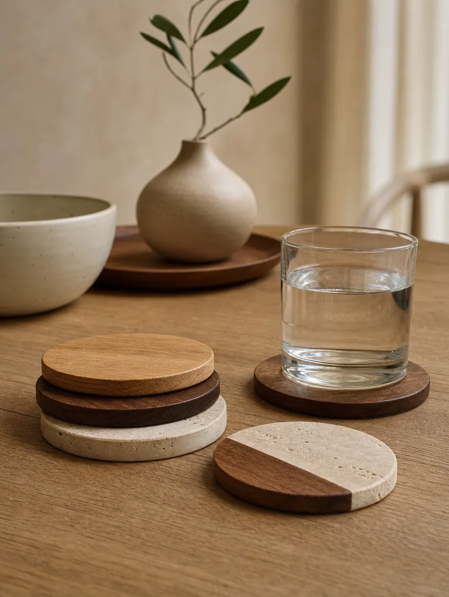 Houten en stenen onderzetters op een rustige Japandi tafel